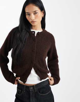 Asos Design Knit Bubble Hem Cardigan With Wool In Brown