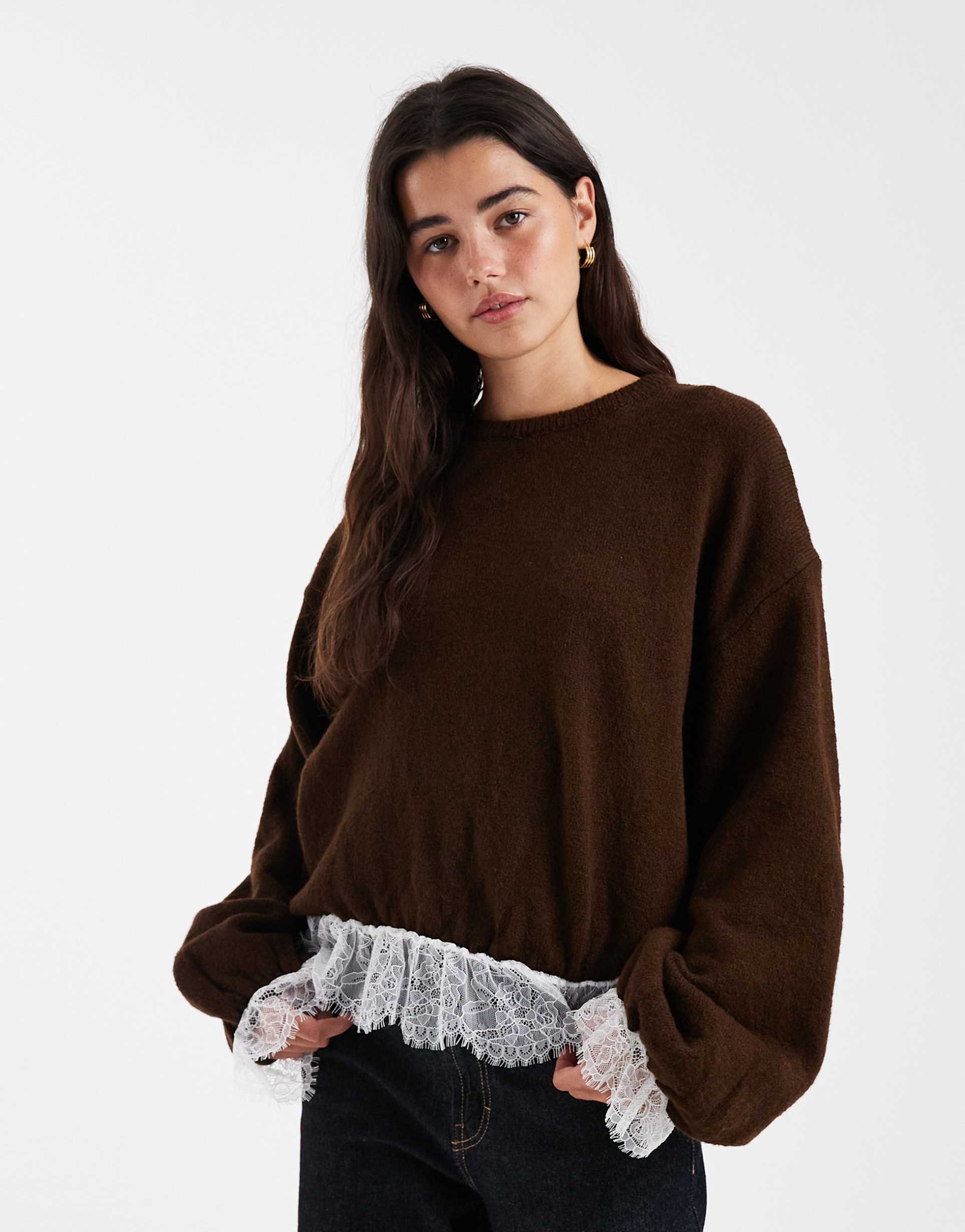 asos design knit bubble hem sweater with lace hem in brown