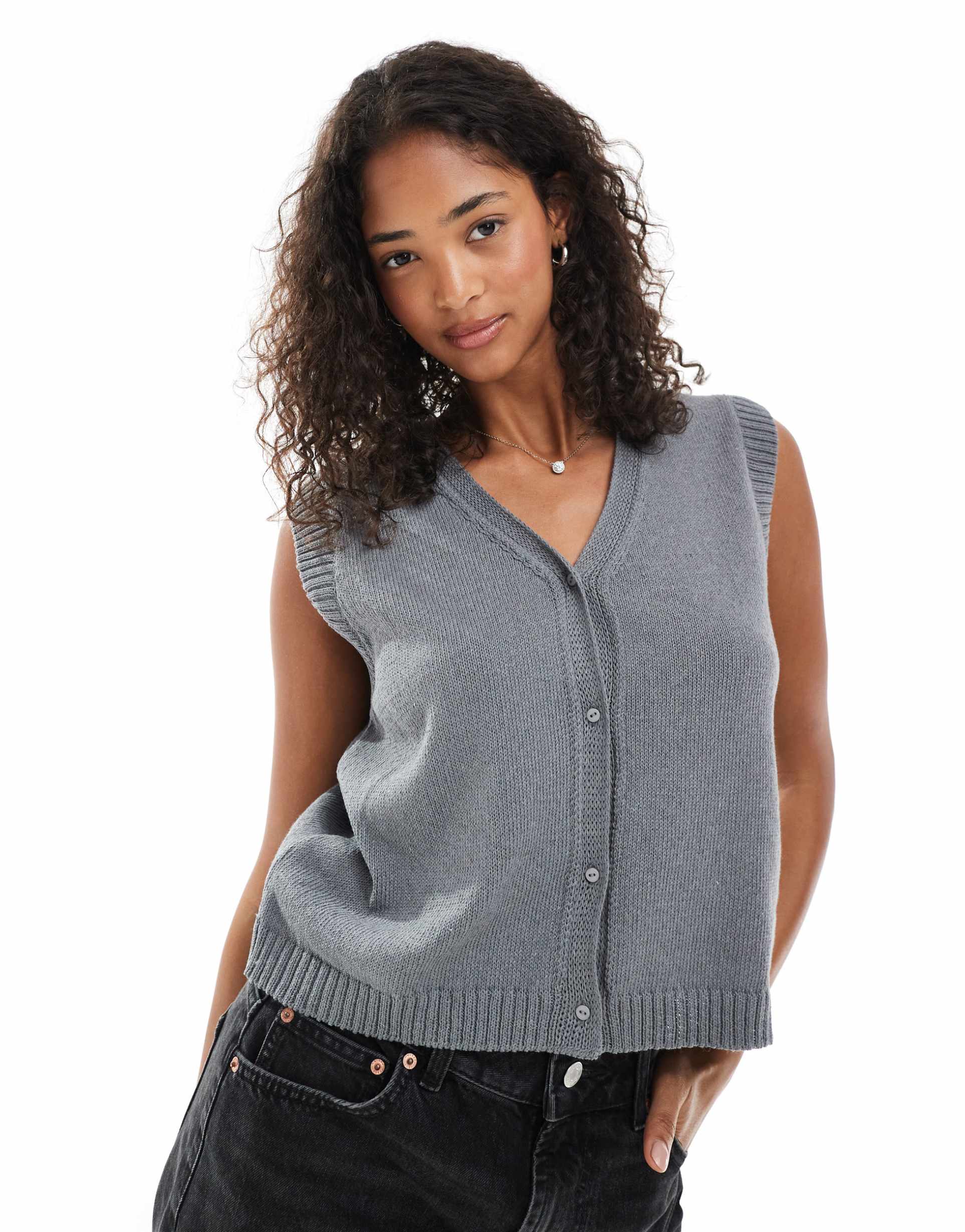 asos design knit button down vest in heather gray
