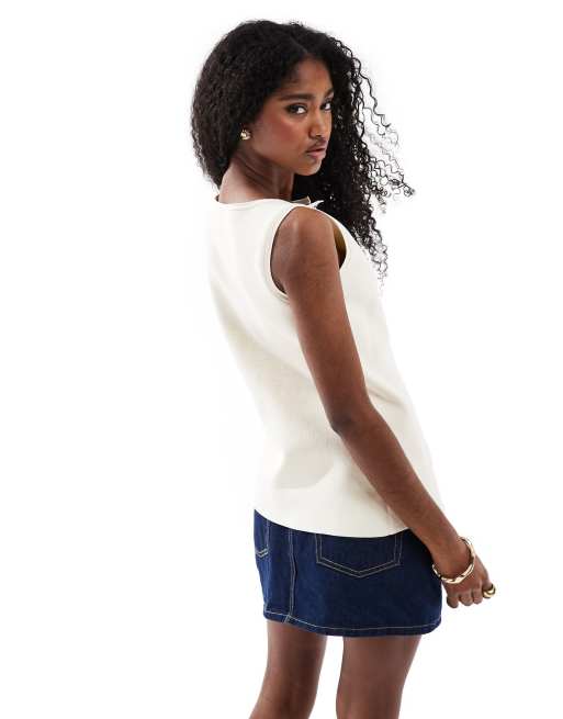 ASOS DESIGN knit button front vest with gold buttons in ecru