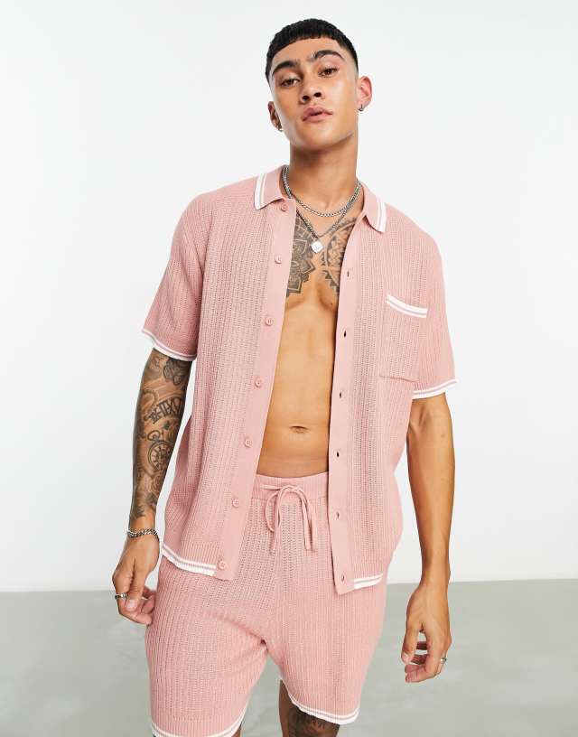 ASOS DESIGN knit button through polo with tipping detail in dusky pink - part of a set