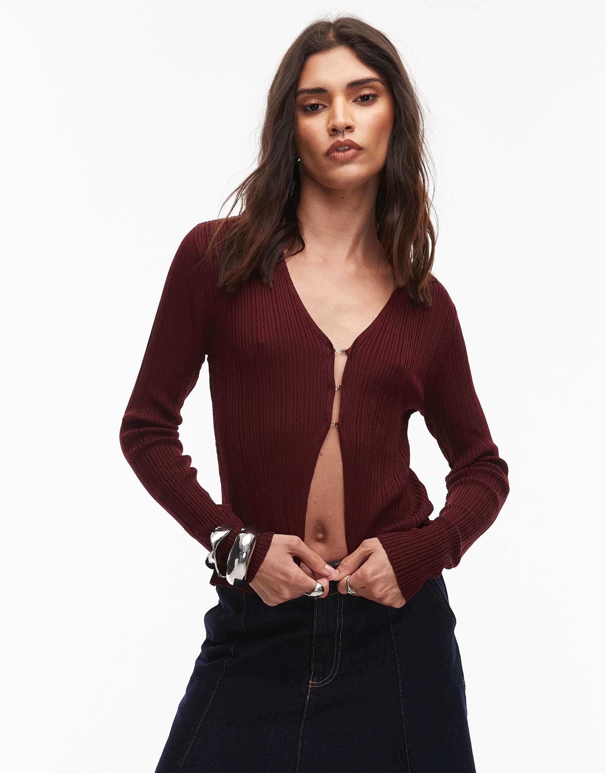 asos design knit button up polo cardigan in wine