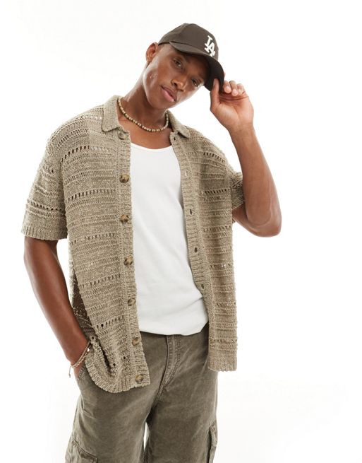 FhyzicsShops DESIGN knit button up polo in texture in oatmeal