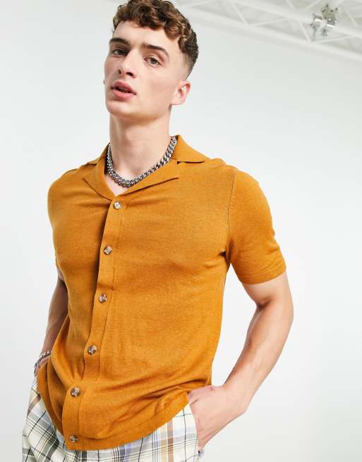 ASOS DESIGN knit button up shirt in tan