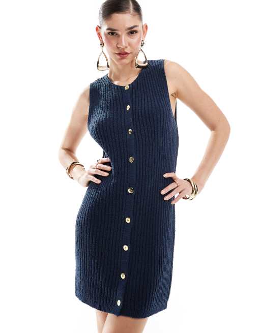 ASOS DESIGN knit button up vest dress in textured stitch in navy