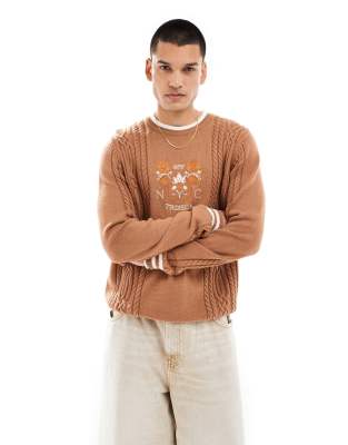 Asos Design Knit Cable Sweater In Brown With Contrast Trims And Embroidery