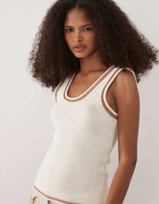 ASOS DESIGN knit cami top with contrast tipping in ecru, 4 of 4