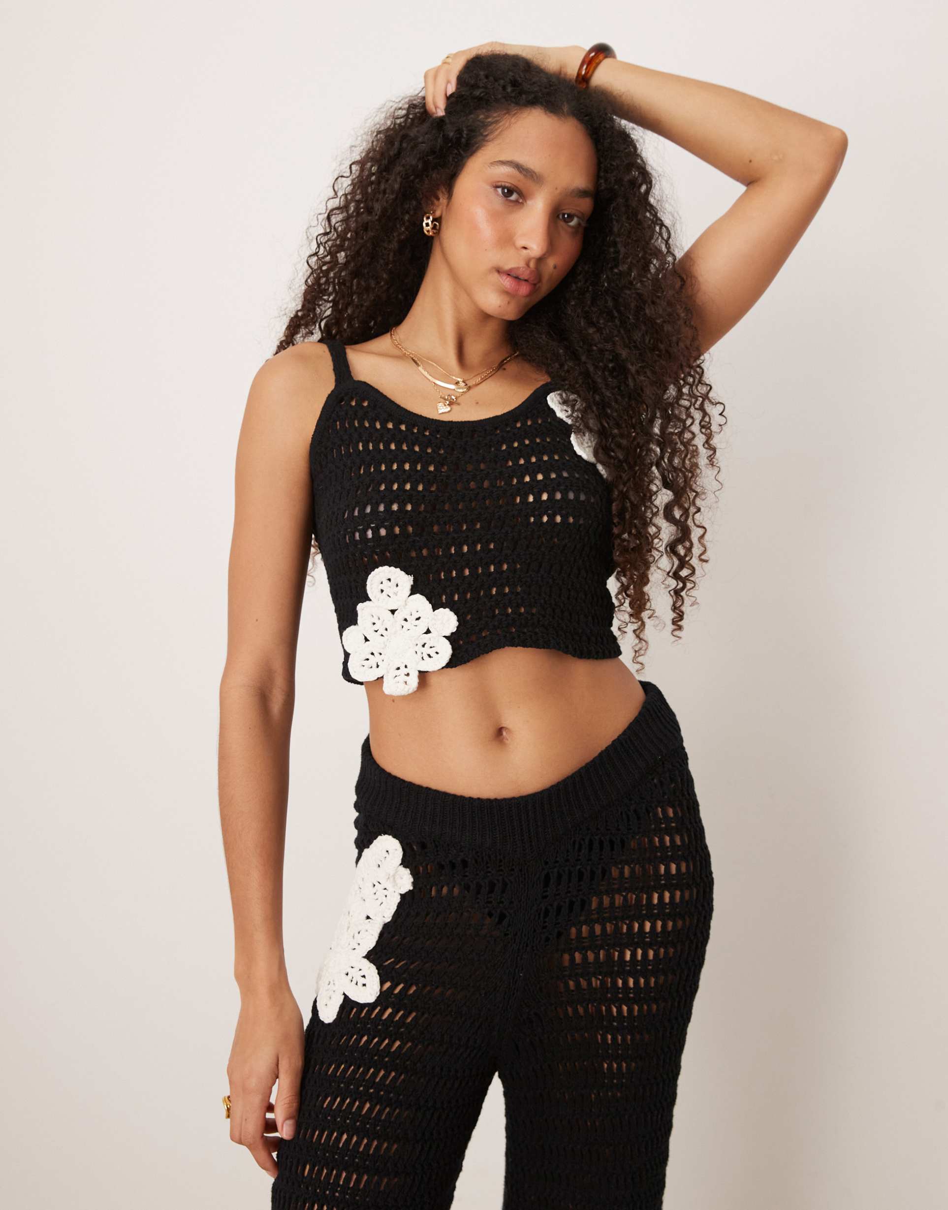 asos design knit cami top with crochet patch details in black and white - part of a set