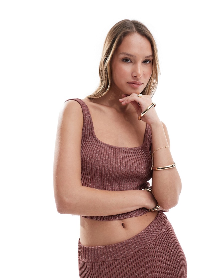 Asos Design Knit Cami Top With Scoop Neck In Metallic Yarn In Brown - Part Of A Set