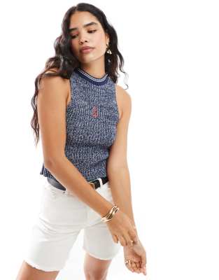 Asos Design Knit Cami Top With Trim And Embroidered Anchor Detail In Twist Yarn-navy