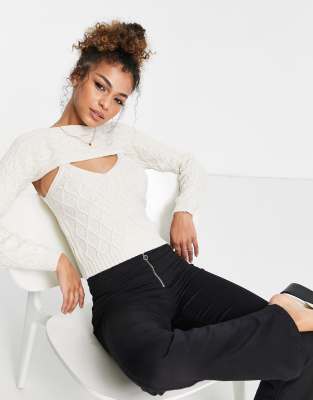 ASOS DESIGN knit cami with super cropped sweater in cream-White