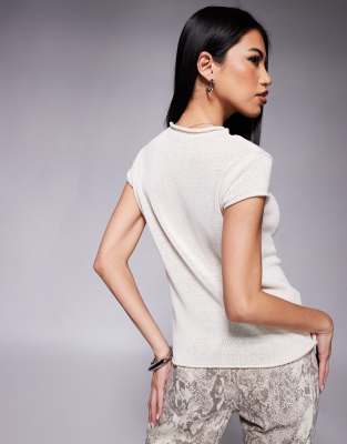 Asos Design Knit Cap Sleeve Top With Grown On Neck In Pink