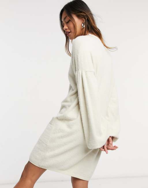 ASOS DESIGN knit cardigan dress in fluffy yarn in cream