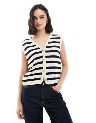 Asos Design Knit Cardigan In Black And White Stripe-multi