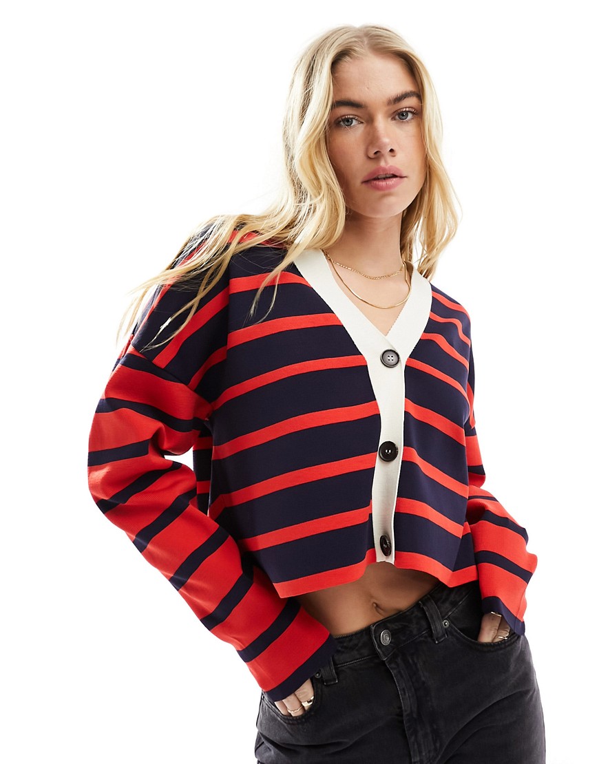 Asos Design Knit Cardigan In Contrast Red And Navy Stripes-multi