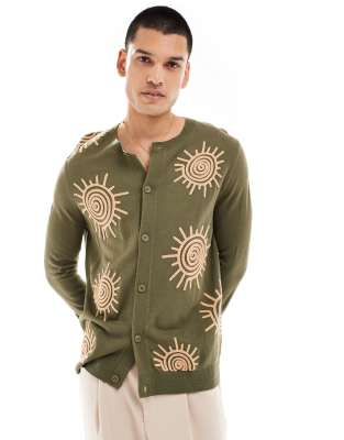 Asos Design Knit Cardigan In Khaki With Sun Embroidery-green