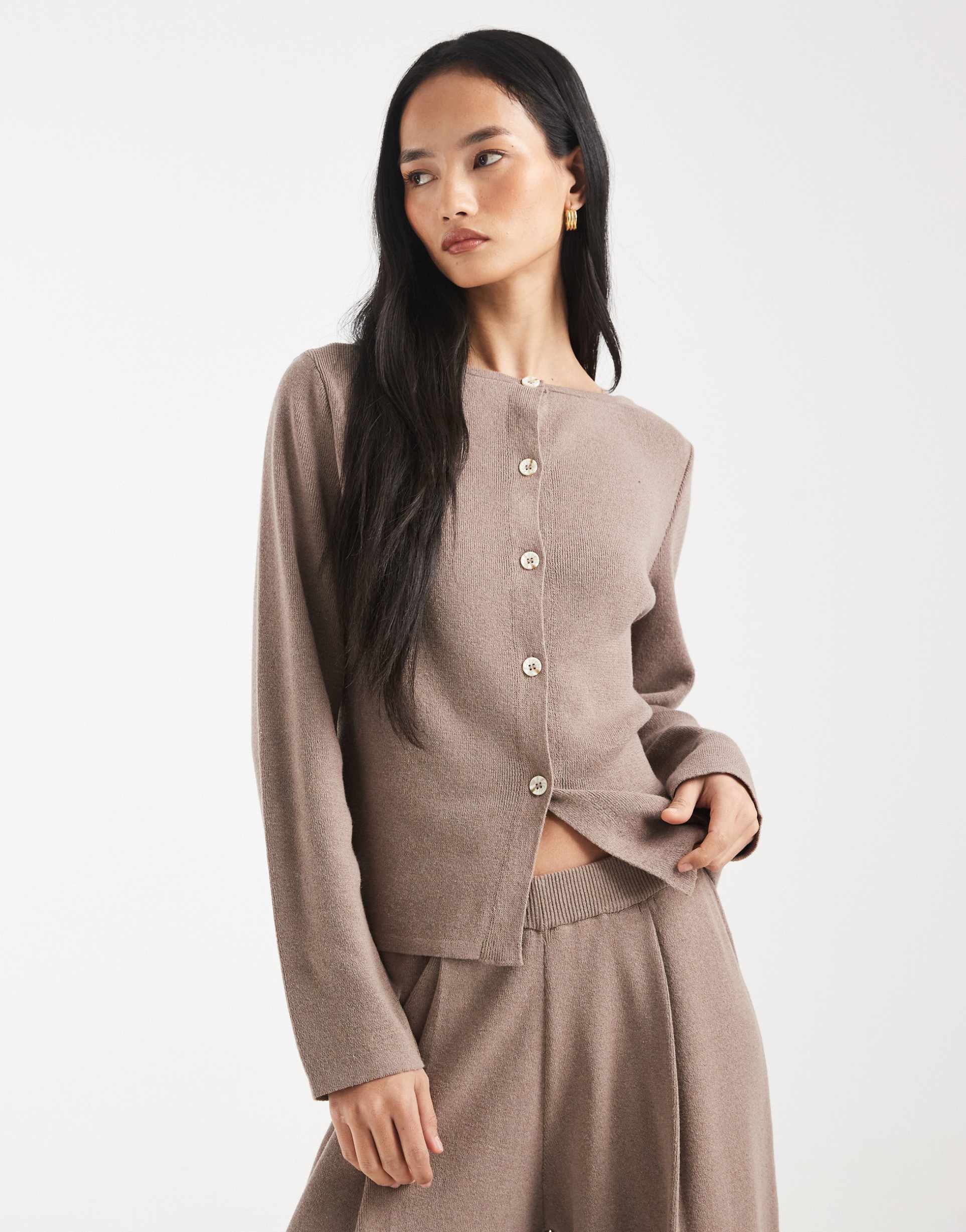 asos design knit cardigan in mocha brown - part of a set