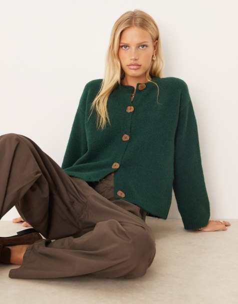 ASOS DESIGN knit cardigan with button interest with wool in khaki - view 1