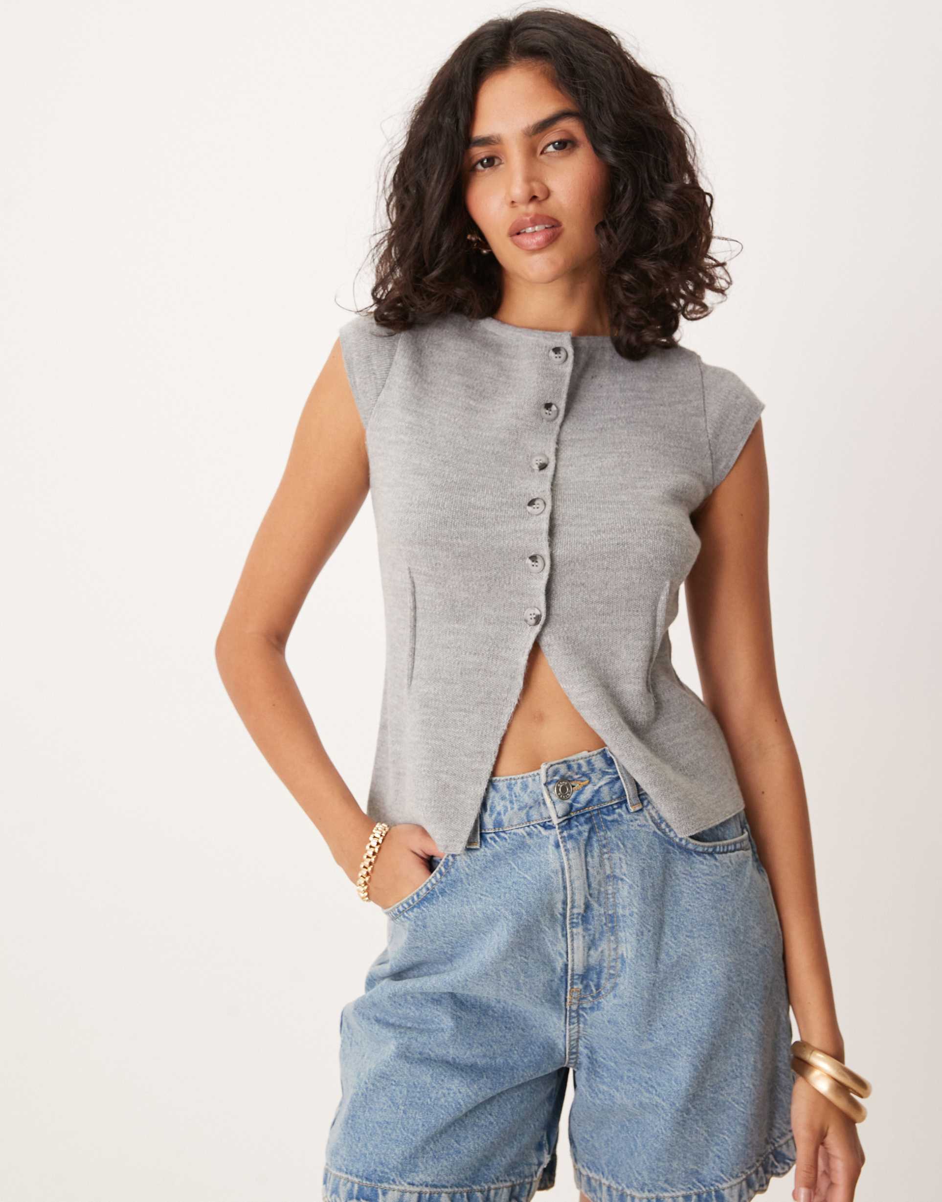 asos design knit cardigan with cap sleeves in gray heather