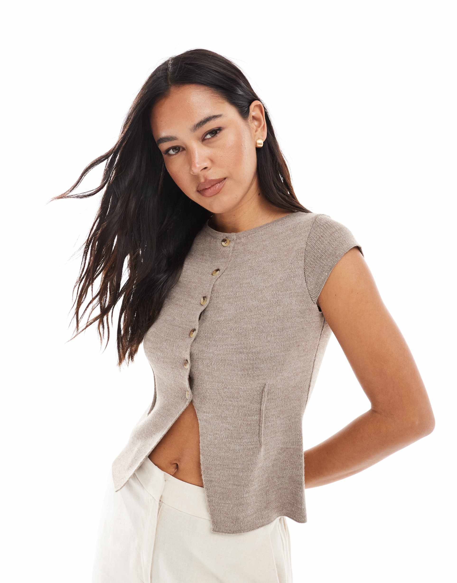 asos design knit cardigan with cap sleeves in mocha