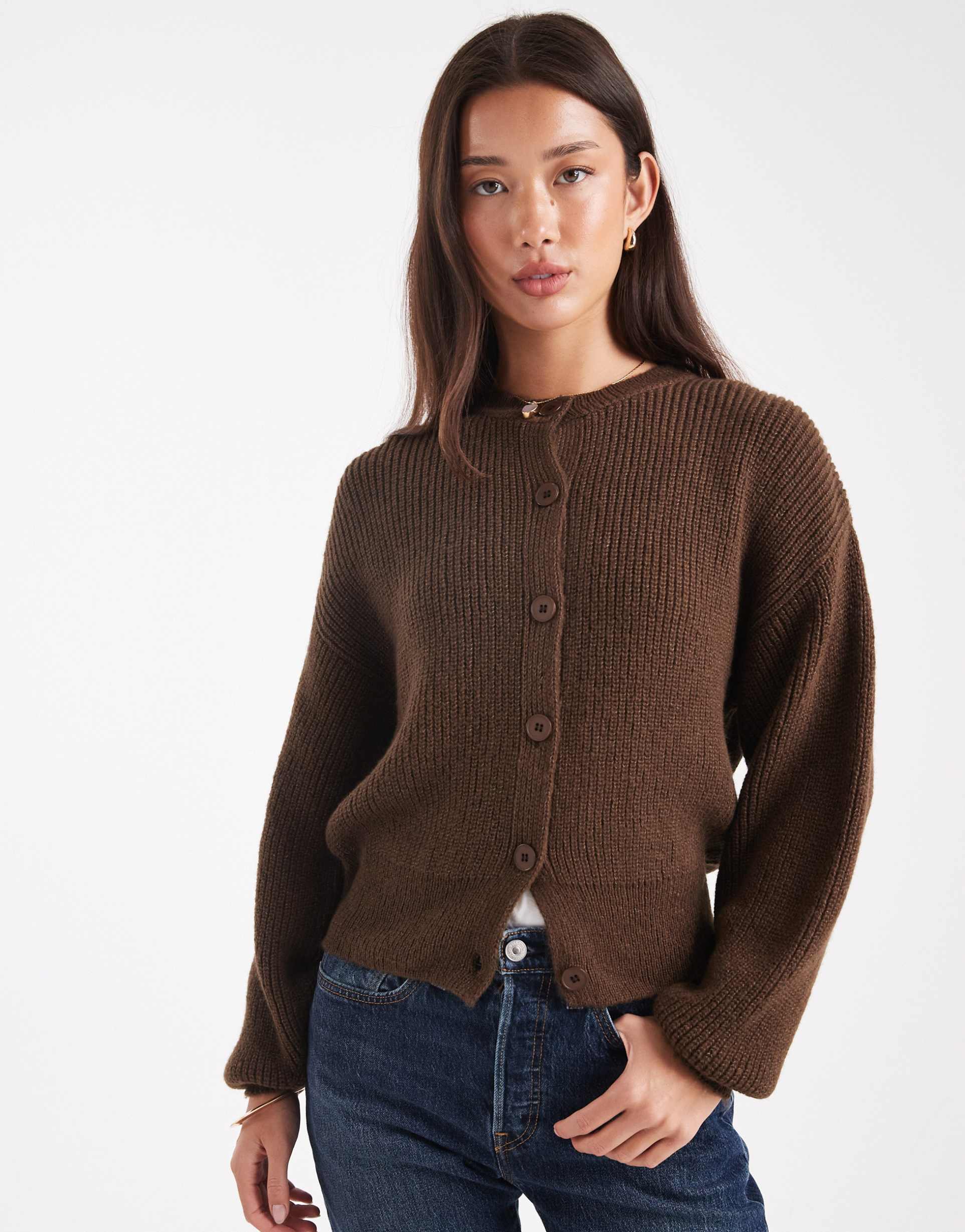 asos design knit cardigan with cocoon sleeve in brown