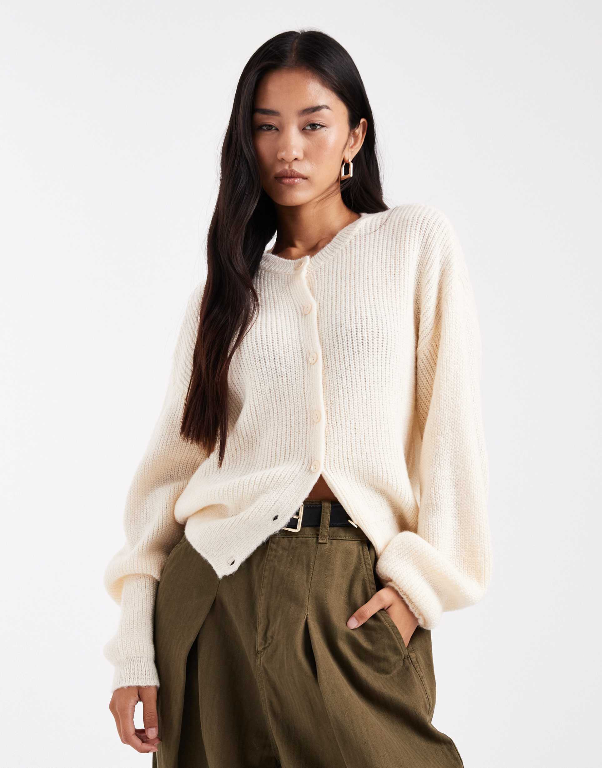 asos design knit cardigan with cocoon sleeve in ecru
