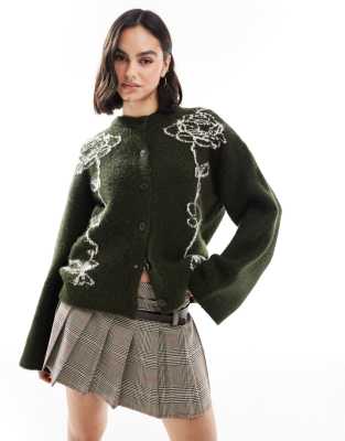 Asos Design Knit Cardigan With Contrast Floral In Olive-green