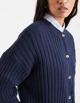 Asos Design Knit Cardigan With Contrast Turn Up Cuff In Blue