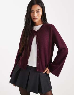 Asos Design Knit Cardigan With Flared Sleeve-purple In Burgundy