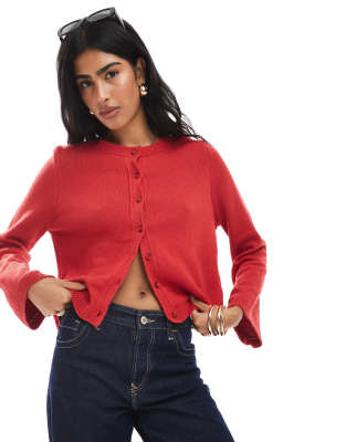 Asos Design Knit Cardigan With Flared Sleeves In Red