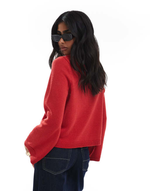 ASOS DESIGN knitted cardigan with flared sleeve in red