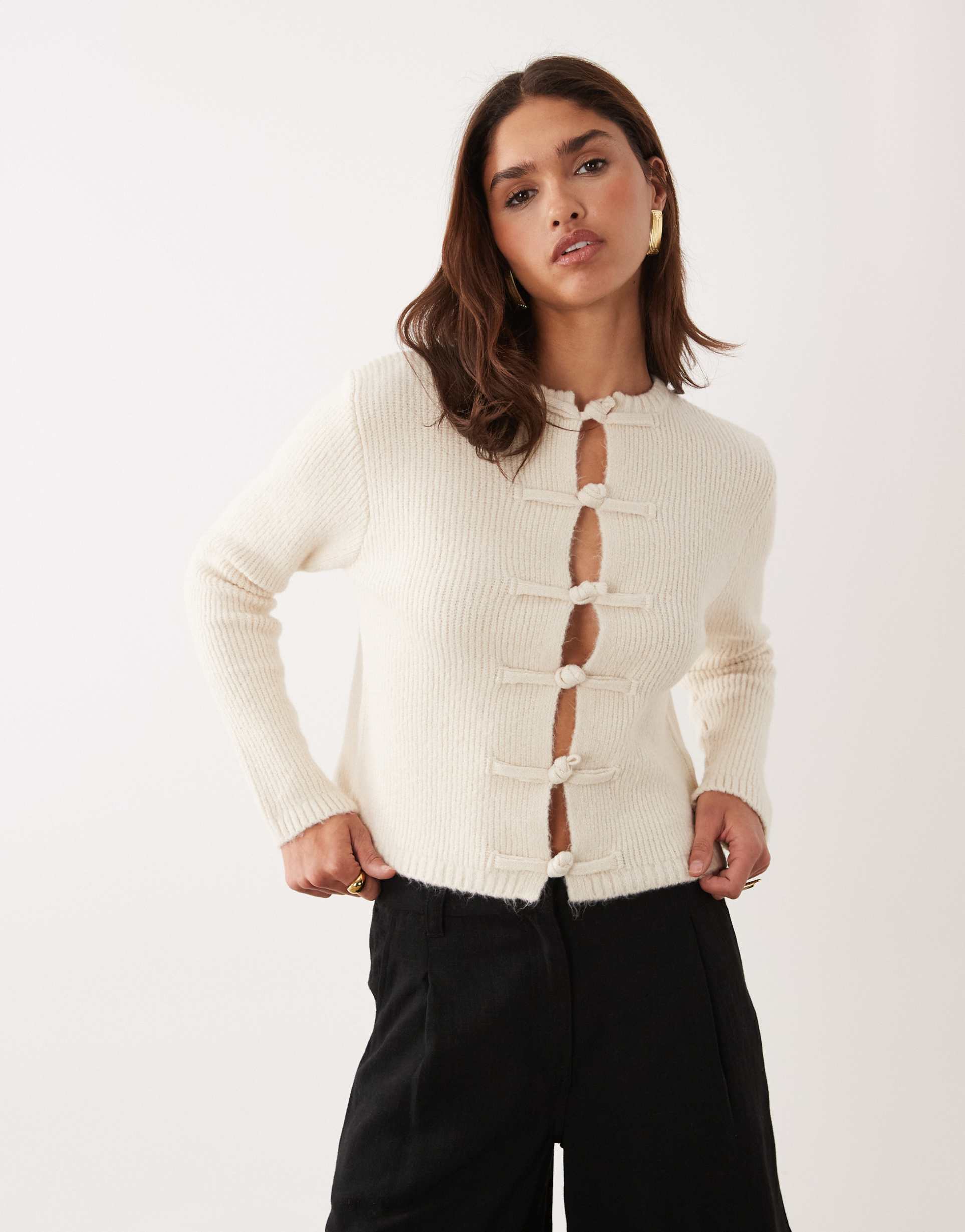asos design knit cardigan with frog closures in ecru