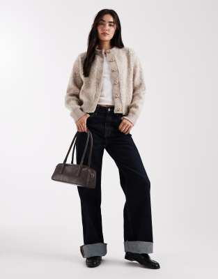 Asos Design Knit Cardigan With Gold Buttons In Neutral