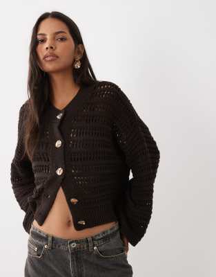 Asos Design Knit Cardigan With Gold Buttons In Brown