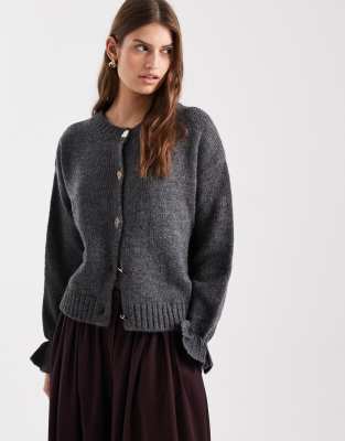 Asos Design Knit Cardigan With Gold Buttons In Gray