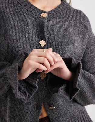 Asos Design Knit Cardigan With Gold Buttons In Gray