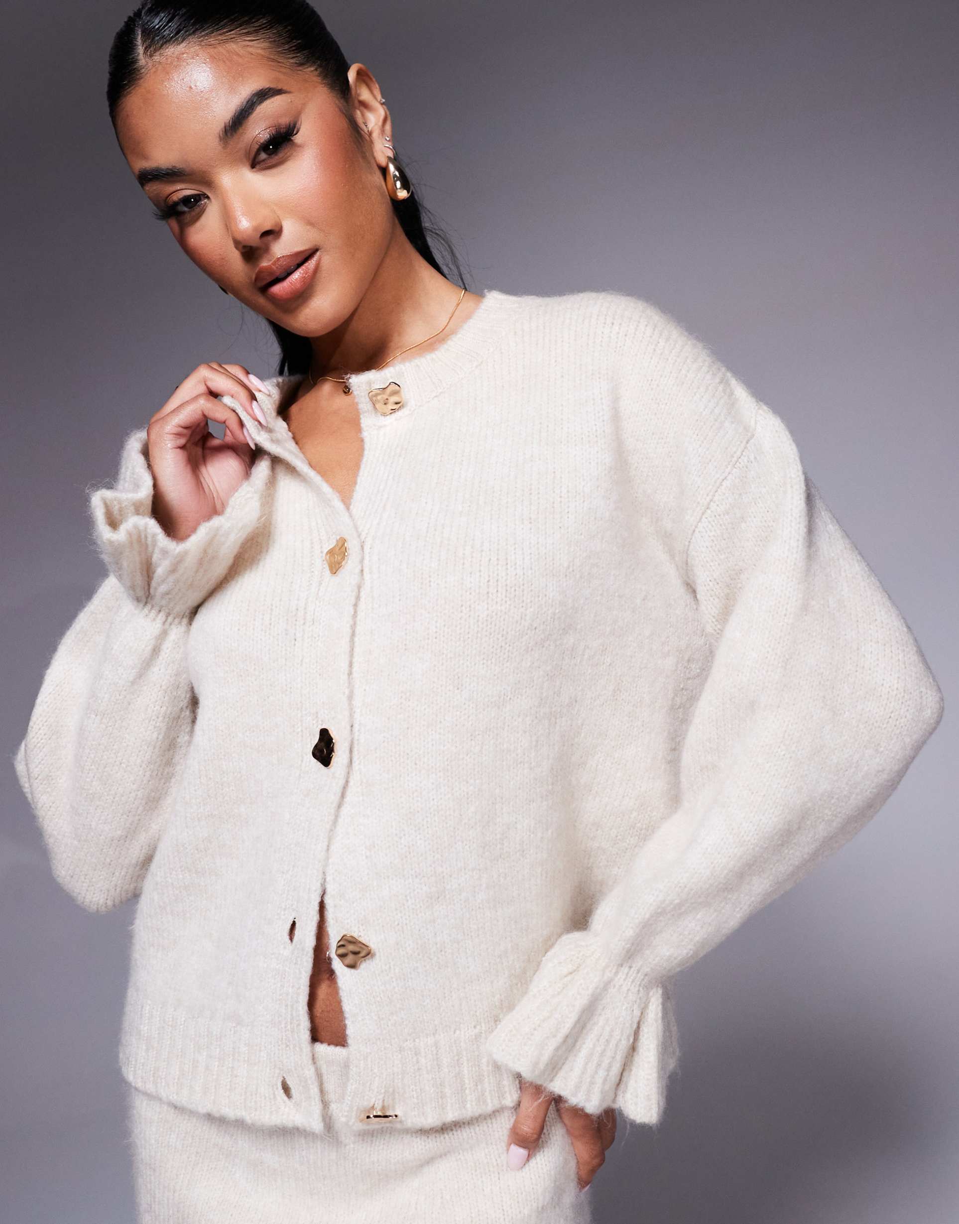 asos design knit cardigan with gold buttons in ecru - part of a set