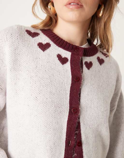 ASOS DESIGN knit cardigan with hearts in cream