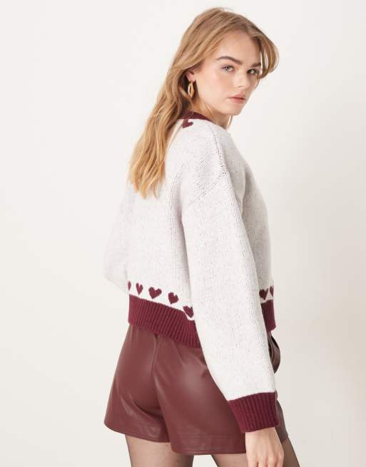 ASOS DESIGN knit cardigan with hearts in cream