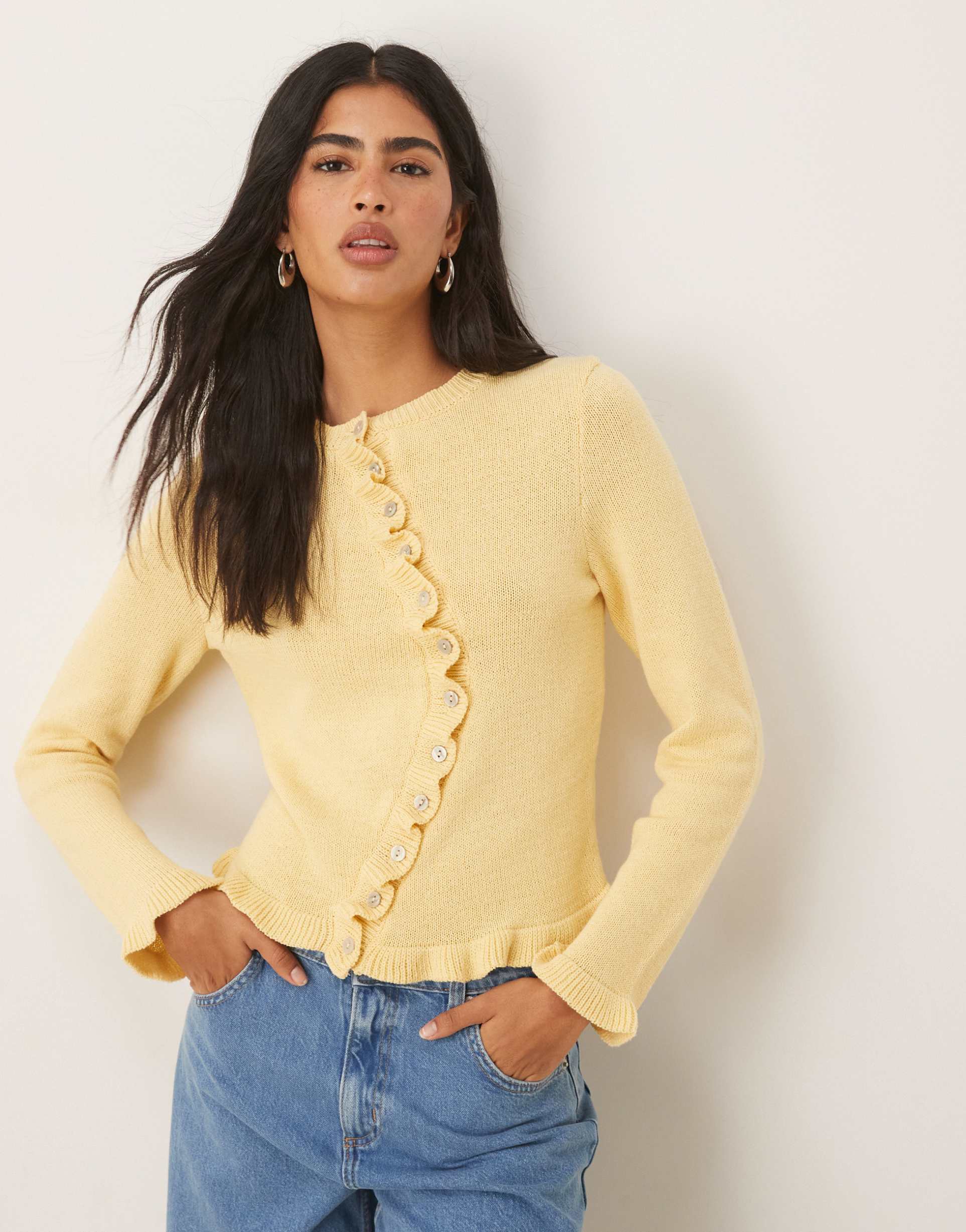 asos design knit cardigan with irregular placket and ruffle edge in buttermilk