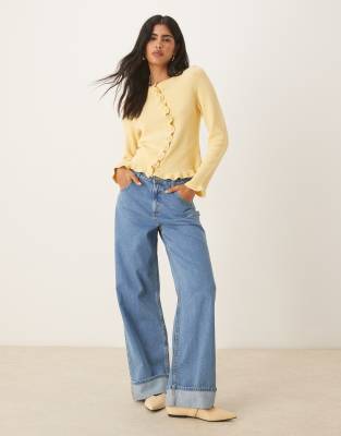 Asos Design Knit Cardigan With Irregular Placket And Ruffle Edge In Yellow