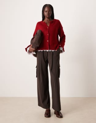 Asos Design Knit Cardigan With Lace Inserts Buttons In Red