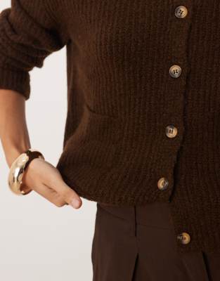 Asos Design Knit Cardigan With Patch Pockets In Brown