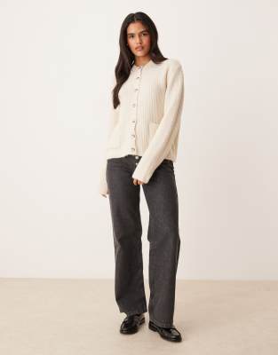 Asos Design Knit Cardigan With Patch Pockets In Neutral