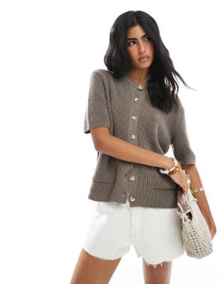 knit cardigan with patch pockets in mocha-Brown