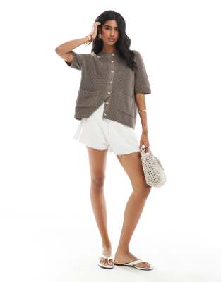 Asos Design Knit Cardigan With Patch Pockets In Gray