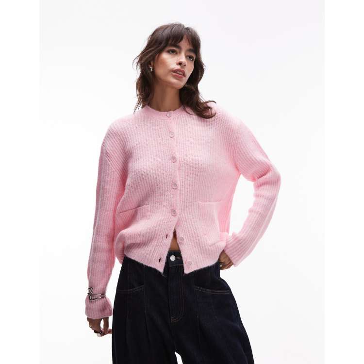 ASOS DESIGN knit cardigan with patch pockets in pink ASOS