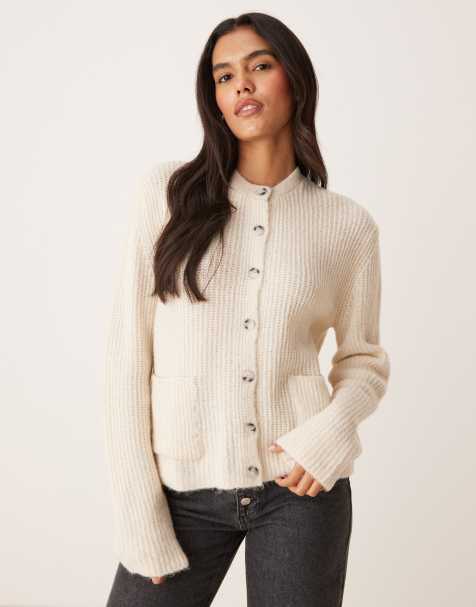 ASOS DESIGN knit cardigan with patch pockets with wool in ecru - view 1
