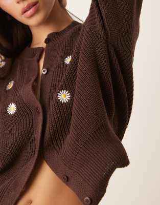 ASOS DESIGN knitted cardigan with raglan sleeve and daisy embroidery in brown
