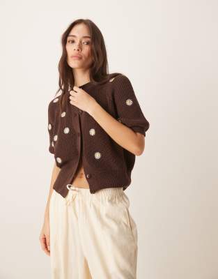 ASOS DESIGN knitted cardigan with raglan sleeve and daisy embroidery in brown